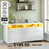 SEDETA 47 Inch 6 Drawer File Cabinet with Power Strip Wood Mobile Lateral Filing Cabinet with Printer Stand Storage Shelf Led Lights