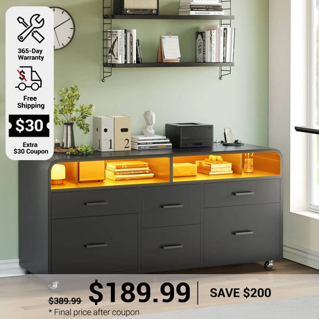 SEDETA 47 Inch 6 Drawer File Cabinet with Power Strip Wood Mobile Lateral Filing Cabinet with Printer Stand Storage Shelf Led Lights