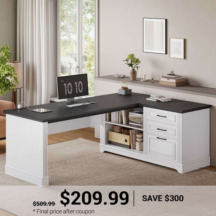 SEDETA® 61 Inch L Shaped Farmhouse Executive Computer Desk with Power Outlets File Drawers and Storage Shelves