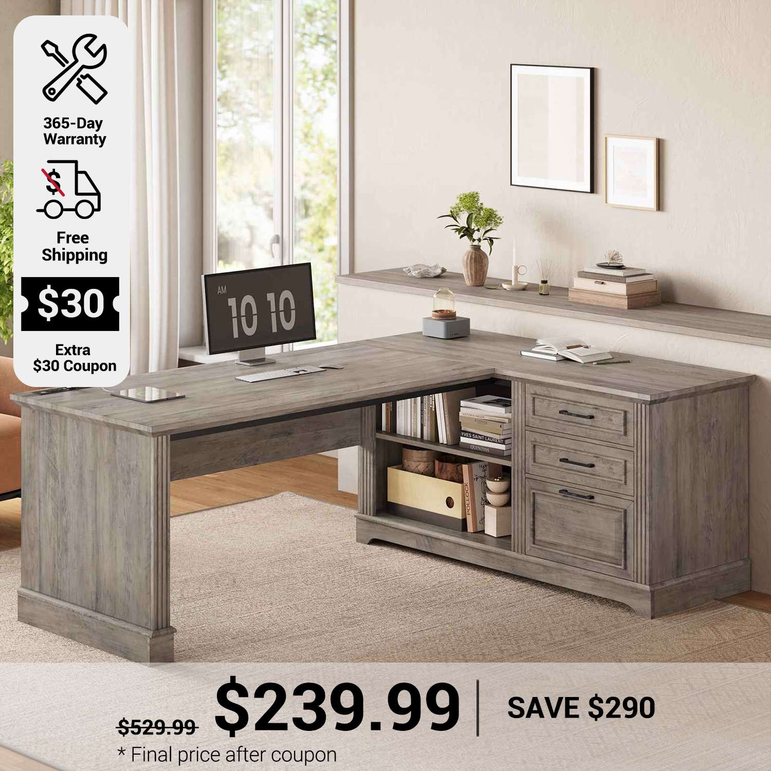SEDETA 61 Inch Farmhouse Executive L Shaped Desk with File Drawers Pow