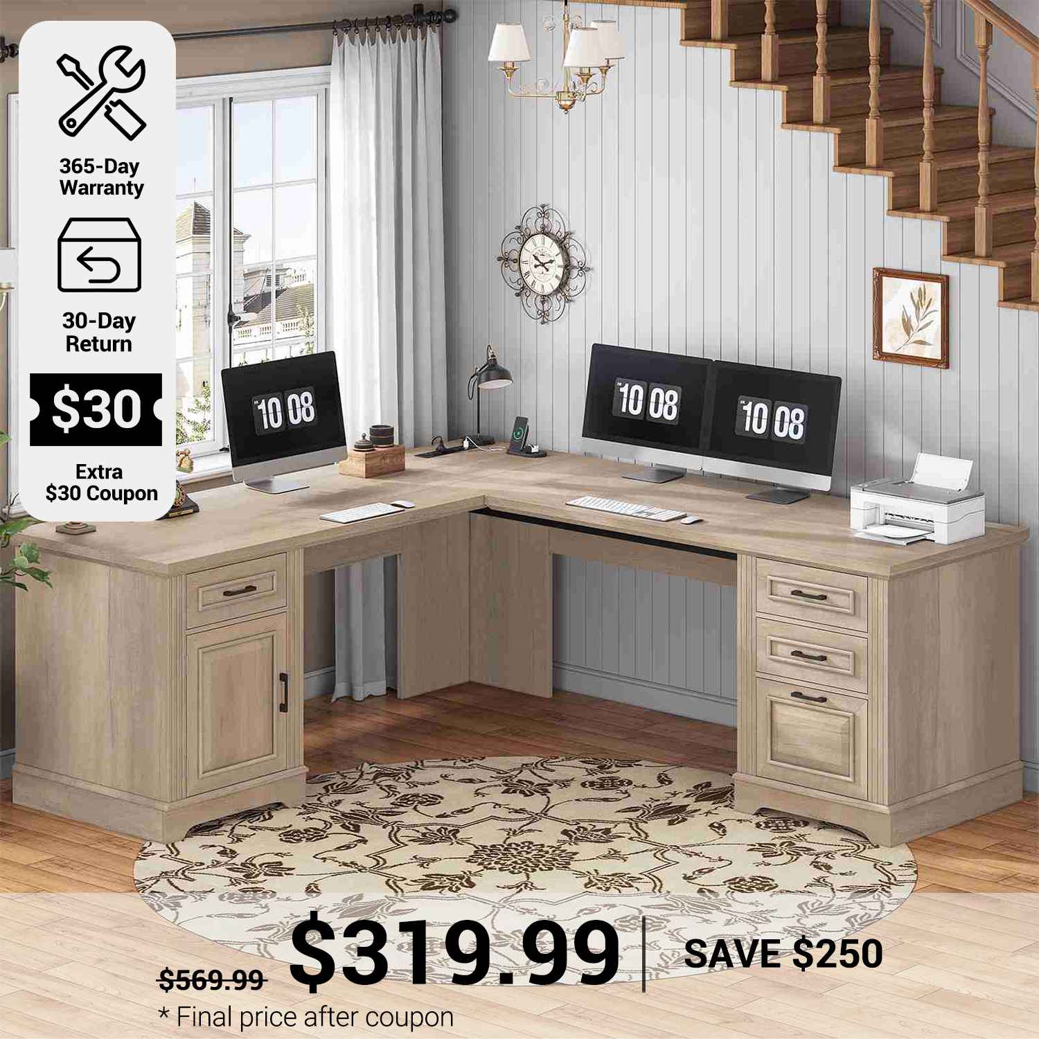 SEDETA 69 Inch Executive L Shaped Computer Desk with Drawers and Stora