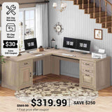 SEDETA 69 Inch Executive L Shaped Computer Desk with Drawers and Storage Cabinet Power Outlets Classical American Style