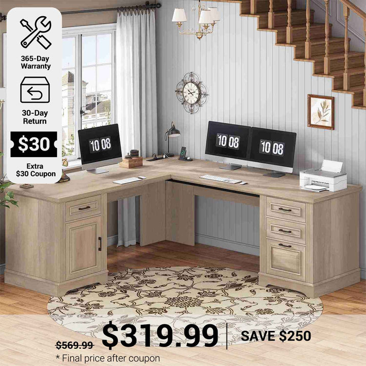 SEDETA 69 Inch Executive L Shaped Computer Desk with Drawers and Storage Cabinet Power Outlets Classical American Style