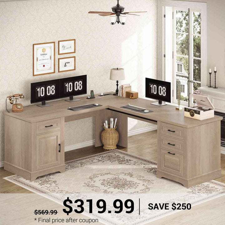 SEDETA 69 Inch Executive L Shaped Computer Desk with Drawers and Storage Cabinet Power Outlets Classical American Style