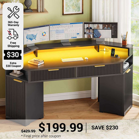 SEDETA 55.1 Inch Fluted Computer Desk Gaming Desk Small Diamond Office Desk with Storage Cabinet LED Lights Power Strip 2 Drawers