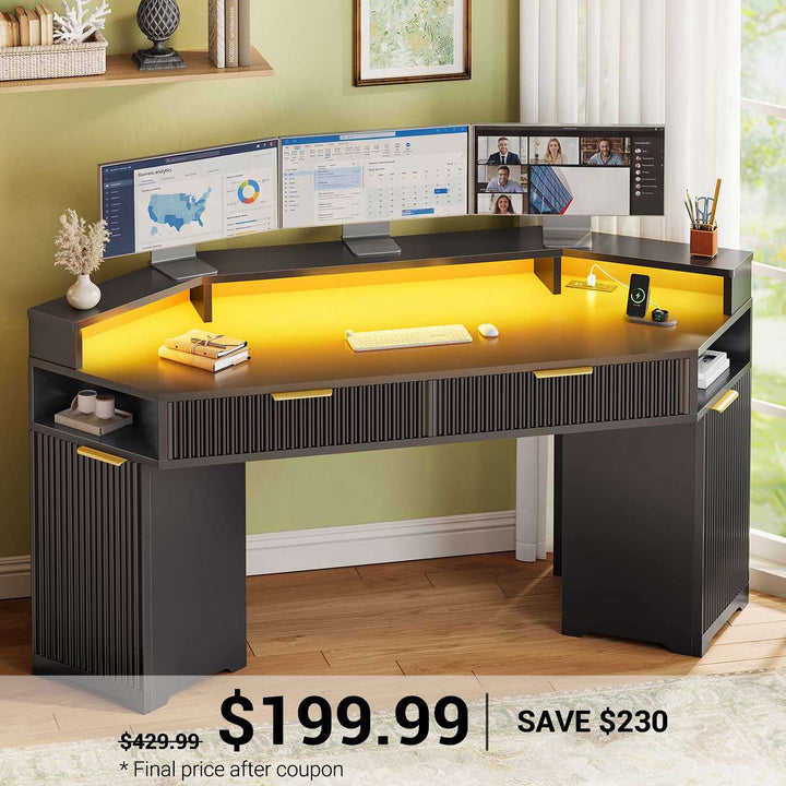 SEDETA 55.1 Inch Fluted Computer Desk Gaming Desk Small Diamond Office Desk with Storage Cabinet LED Lights Power Strip 2 Drawers