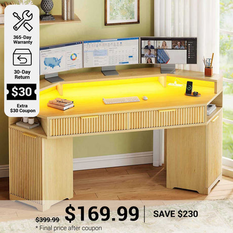 SEDETA® 55.1 Inch Fluted Computer Desk Diamond Small Office Desk Gaming Desk with LED Lights Power Strip  2 Drawers Storage Cabinet