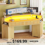 SEDETA | 55.1 Inch Fluted Gaming Desk Diamond Office Computer Desk with LED Lights Power Strip 2 Drawers Storage Cabinet