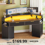 SEDETA | 55.1 Inch Fluted Gaming Desk Diamond Office Computer Desk with LED Lights Power Strip 2 Drawers Storage Cabinet