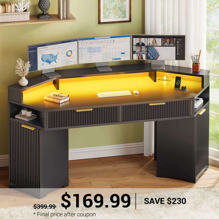 SEDETA | 55.1 Inch Fluted Gaming Desk Diamond Office Computer Desk with LED Lights Power Strip 2 Drawers Storage Cabinet