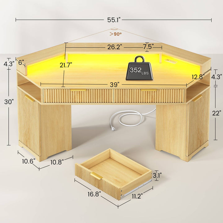 SEDETA | 55.1 Inch Fluted Gaming Desk Diamond Office Computer Desk with LED Lights Power Strip 2 Drawers Storage Cabinet