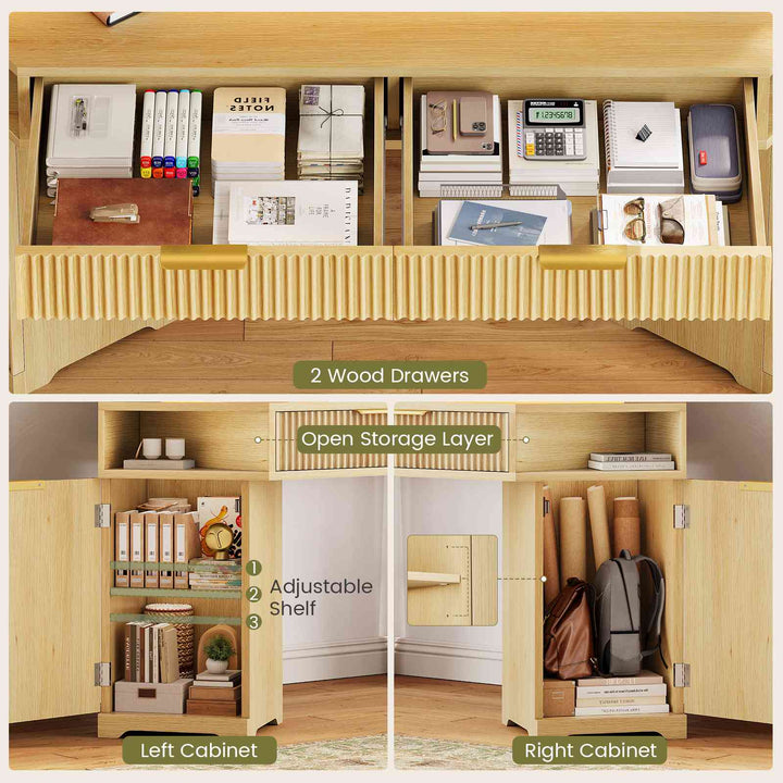 SEDETA | 55.1 Inch Fluted Gaming Desk Diamond Office Computer Desk with LED Lights Power Strip 2 Drawers Storage Cabinet