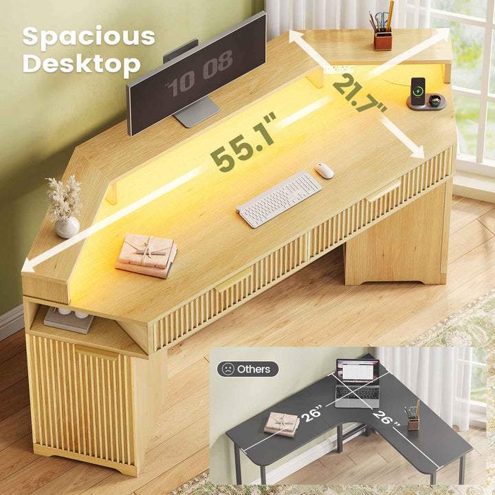 SEDETA | 55.1 Inch Fluted Gaming Desk Diamond Office Computer Desk with LED Lights Power Strip 2 Drawers Storage Cabinet