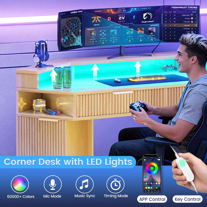 SEDETA | 55.1 Inch Fluted Gaming Desk Diamond Office Computer Desk with LED Lights Power Strip 2 Drawers Storage Cabinet