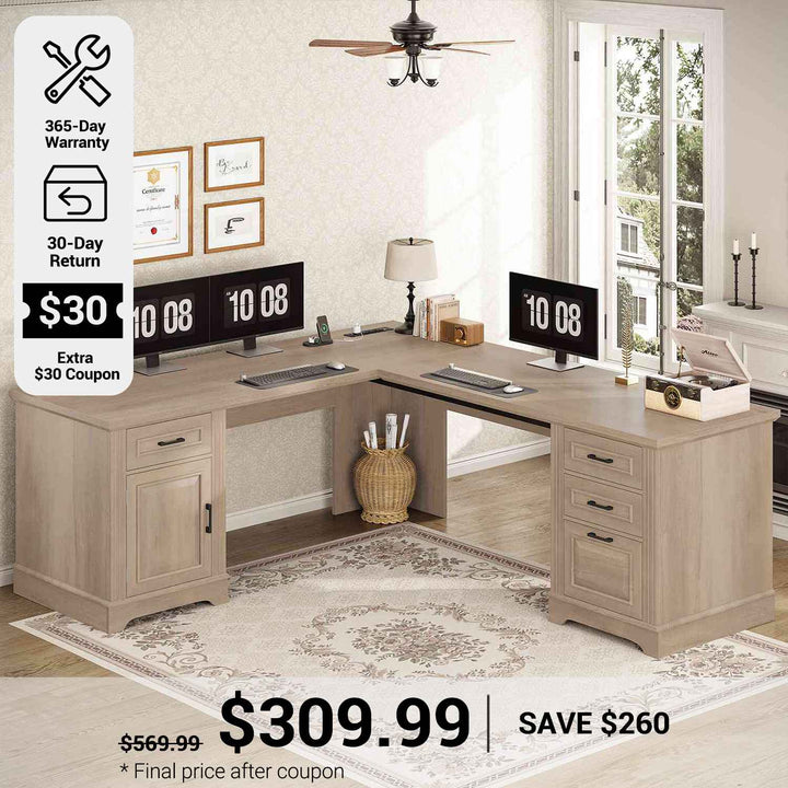 SEDETA® 69 Inch Farmhouse Executive L Shaped Desk Corner Computer Desk with Drawers and Storage Cabinet Power Outlet