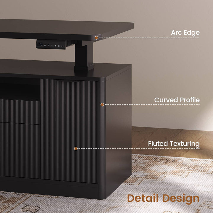 SEDETA 69 Inch L Shaped Electric Standing Desk Height Adjustable Home Office Executive Desk with 4 Drawers and Storage Shelves Fluted Computer Desks with Power Outlet