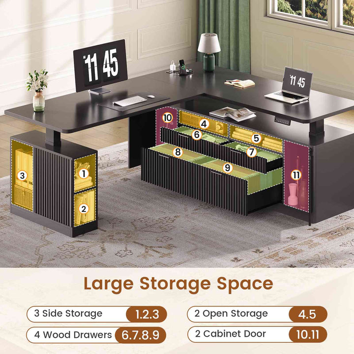 SEDETA 69 Inch L Shaped Electric Standing Desk Height Adjustable Home Office Executive Desk with 4 Drawers and Storage Shelves Fluted Computer Desks with Power Outlet