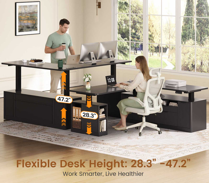 SEDETA 69 Inch L Shaped Electric Standing Desk Height Adjustable Home Office Executive Desk with 4 Drawers and Storage Shelves Fluted Computer Desks with Power Outlet