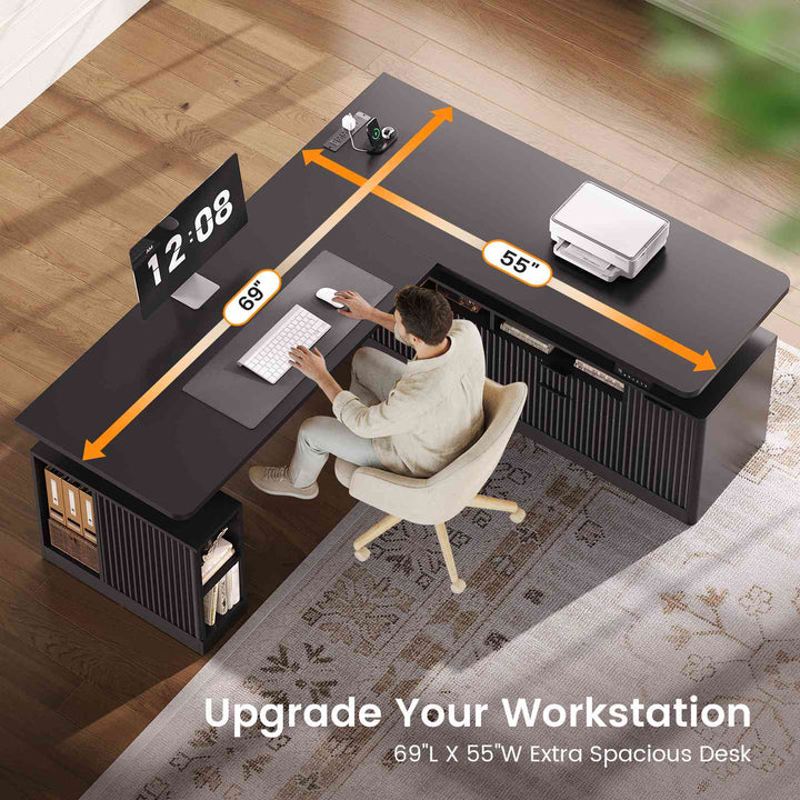 SEDETA 69 Inch L Shaped Electric Standing Desk Height Adjustable Home Office Executive Desk with 4 Drawers and Storage Shelves Fluted Computer Desks with Power Outlet