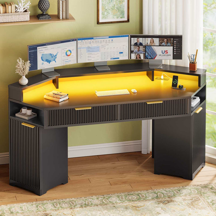 SEDETA | 55.1 Inch Fluted Gaming Desk Diamond Office Computer Desk with LED Lights Power Strip 2 Drawers Storage Cabinet