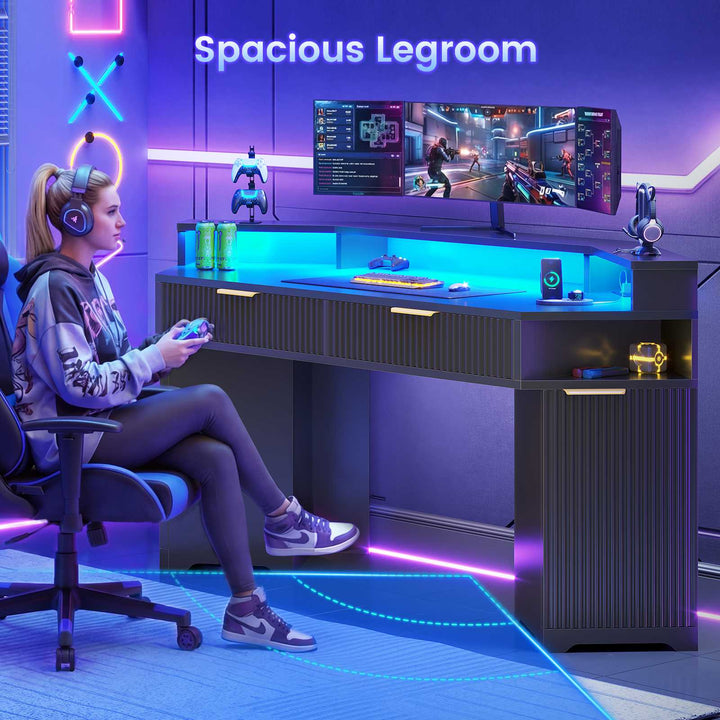 SEDETA | 55.1 Inch Fluted Gaming Desk Diamond Office Computer Desk with LED Lights Power Strip 2 Drawers Storage Cabinet