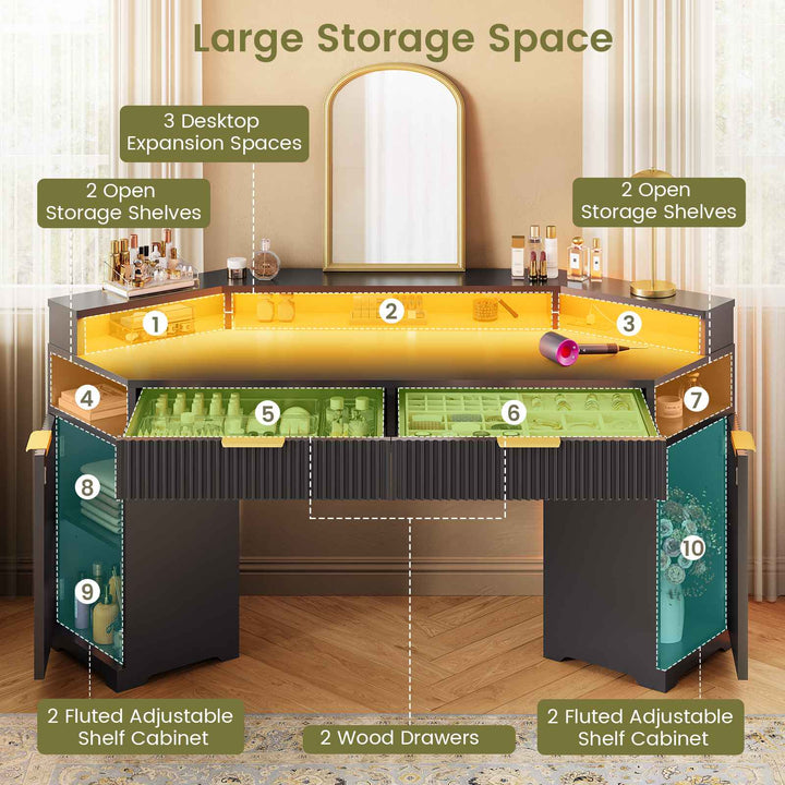 SEDETA | 55.1 Inch Fluted Gaming Desk Diamond Office Computer Desk with LED Lights Power Strip 2 Drawers Storage Cabinet