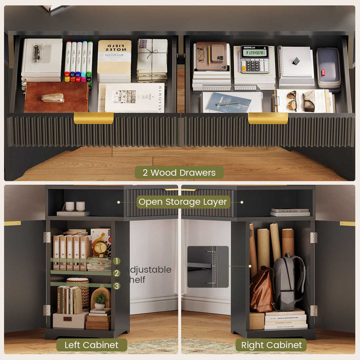 SEDETA | 55.1 Inch Fluted Gaming Desk Diamond Office Computer Desk with LED Lights Power Strip 2 Drawers Storage Cabinet