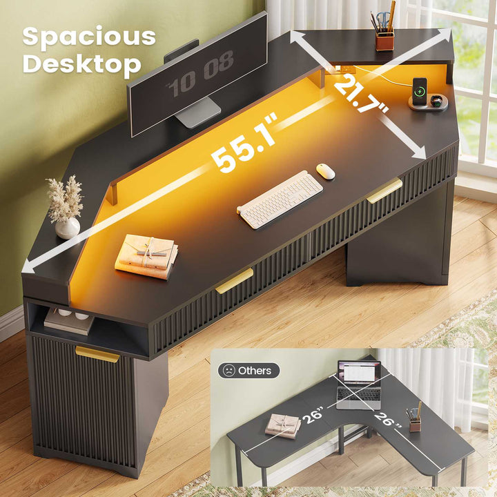 SEDETA | 55.1 Inch Fluted Gaming Desk Diamond Office Computer Desk with LED Lights Power Strip 2 Drawers Storage Cabinet