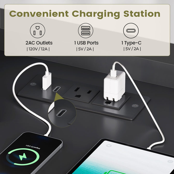 SEDETA | 55.1 Inch Fluted Gaming Desk Diamond Office Computer Desk with LED Lights Power Strip 2 Drawers Storage Cabinet