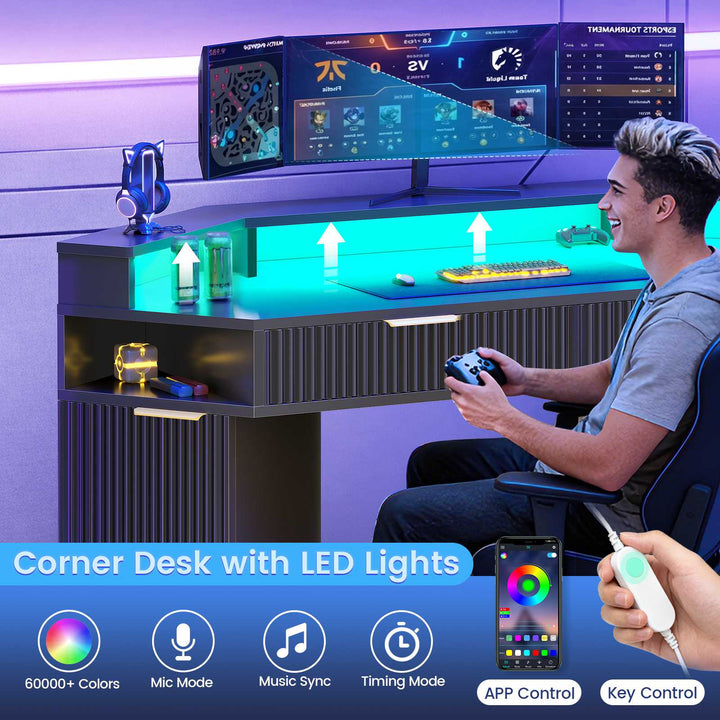 SEDETA | 55.1 Inch Fluted Gaming Desk Diamond Office Computer Desk with LED Lights Power Strip 2 Drawers Storage Cabinet