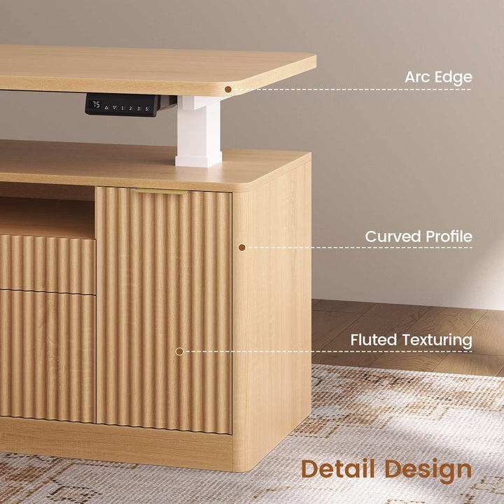 SEDETA 69 Inch L Shaped Electric Standing Desk Height Adjustable Home Office Executive Desk with 4 Drawers and Storage Shelves Fluted Computer Desks with Power Outlet