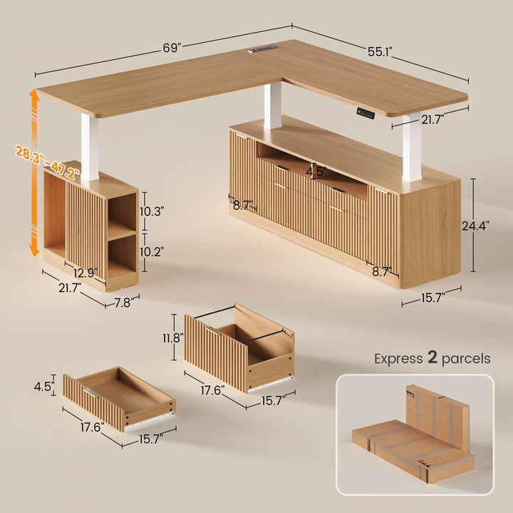 SEDETA 69 Inch L Shaped Electric Standing Desk Height Adjustable Home Office Executive Desk with 4 Drawers and Storage Shelves Fluted Computer Desks with Power Outlet