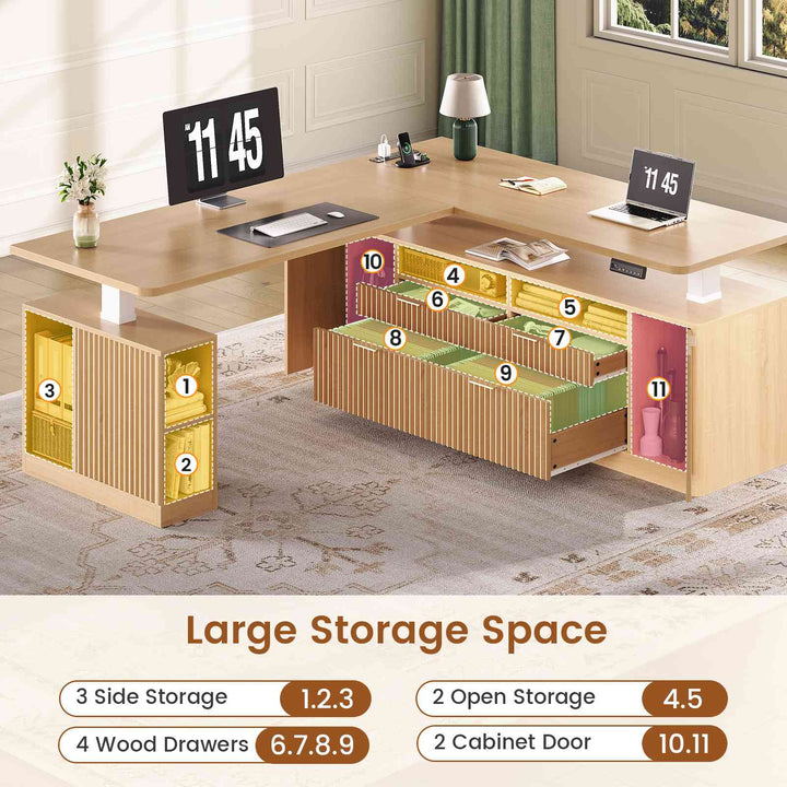 SEDETA 69 Inch L Shaped Electric Standing Desk Height Adjustable Home Office Executive Desk with 4 Drawers and Storage Shelves Fluted Computer Desks with Power Outlet
