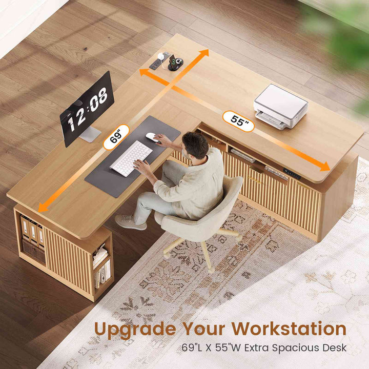 SEDETA 69 Inch L Shaped Electric Standing Desk Height Adjustable Home Office Executive Desk with 4 Drawers and Storage Shelves Fluted Computer Desks with Power Outlet