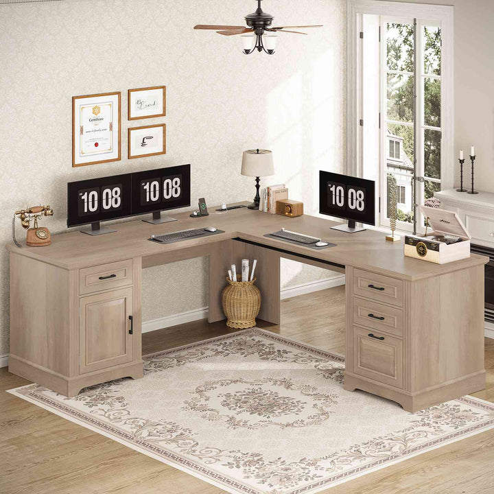 SEDETA 69 Inch Executive L Shaped Computer Desk with Drawers and Storage Cabinet Power Outlets Classical American Style