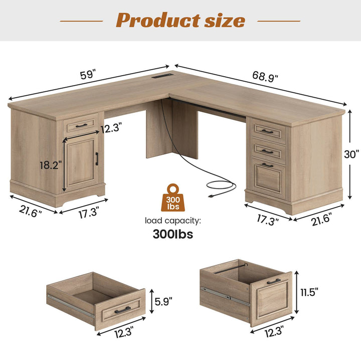 SEDETA 69 Inch Executive L Shaped Computer Desk with Drawers and Storage Cabinet Power Outlets Classical American Style