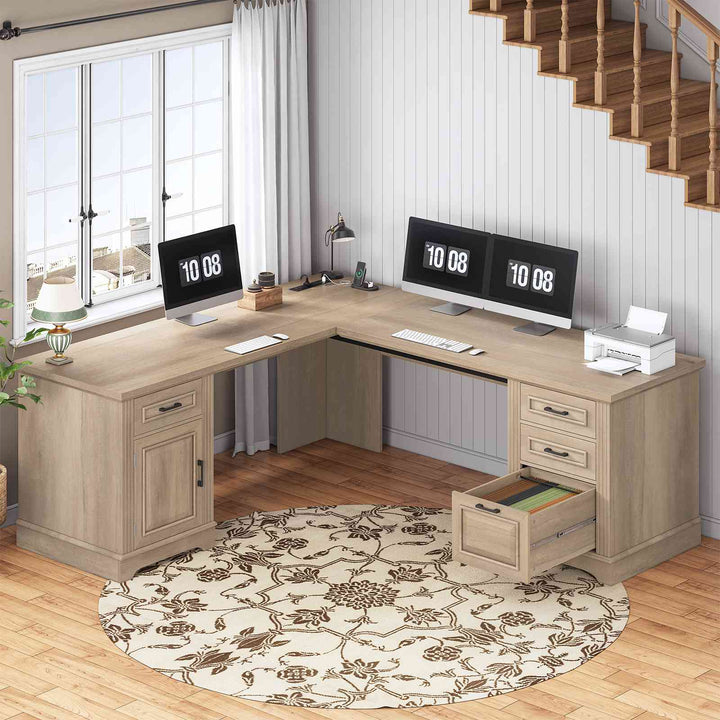 SEDETA 69 Inch Executive L Shaped Computer Desk with Drawers and Storage Cabinet Power Outlets Classical American Style