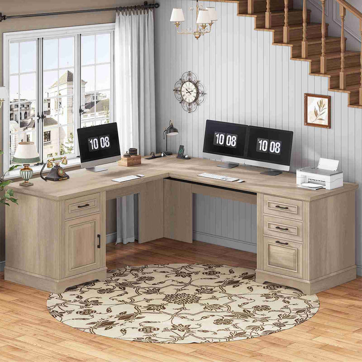 SEDETA 69 Inch Executive L Shaped Computer Desk with Drawers and Storage Cabinet Power Outlets Classical American Style