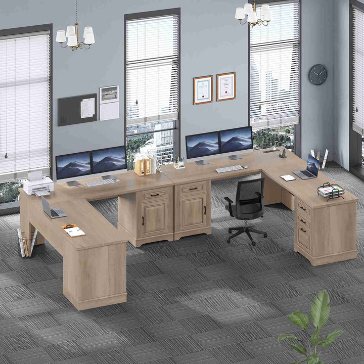 SEDETA 69 Inch Executive L Shaped Computer Desk with Drawers and Storage Cabinet Power Outlets Classical American Style
