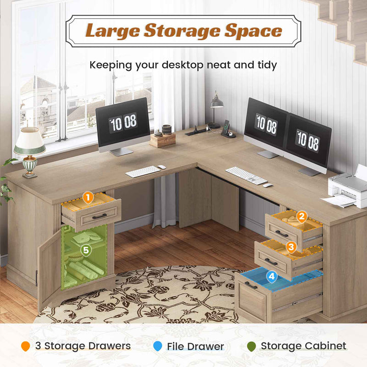 SEDETA 69 Inch Executive L Shaped Computer Desk with Drawers and Storage Cabinet Power Outlets Classical American Style
