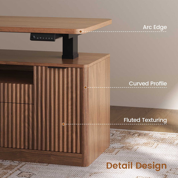 SEDETA 69 Inch L Shaped Electric Standing Desk Height Adjustable Home Office Executive Desk with 4 Drawers and Storage Shelves Fluted Computer Desks with Power Outlet