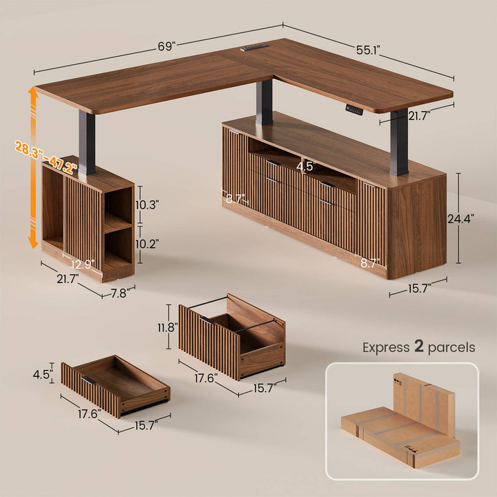 SEDETA 69 Inch L Shaped Electric Standing Desk Height Adjustable Home Office Executive Desk with 4 Drawers and Storage Shelves Fluted Computer Desks with Power Outlet