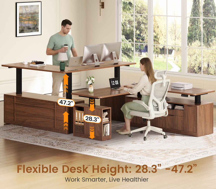 SEDETA 69 Inch L Shaped Electric Standing Desk Height Adjustable Home Office Executive Desk with 4 Drawers and Storage Shelves Fluted Computer Desks with Power Outlet