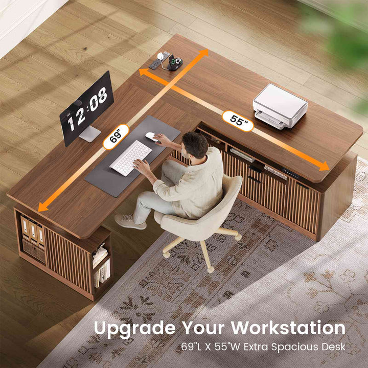 SEDETA 69 Inch L Shaped Electric Standing Desk Height Adjustable Home Office Executive Desk with 4 Drawers and Storage Shelves Fluted Computer Desks with Power Outlet