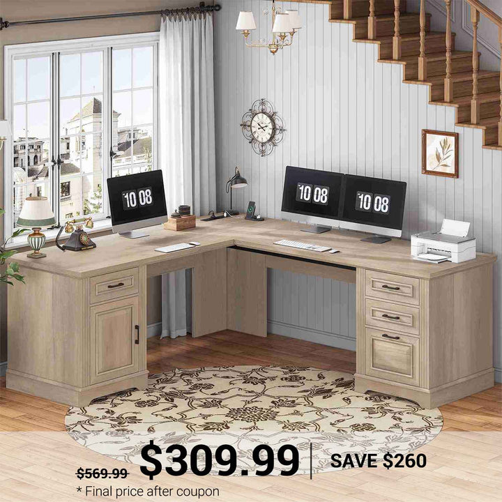 SEDETA® 69 Inch Farmhouse Executive L Shaped Desk Corner Computer Desk with Drawers and Storage Cabinet Power Outlet