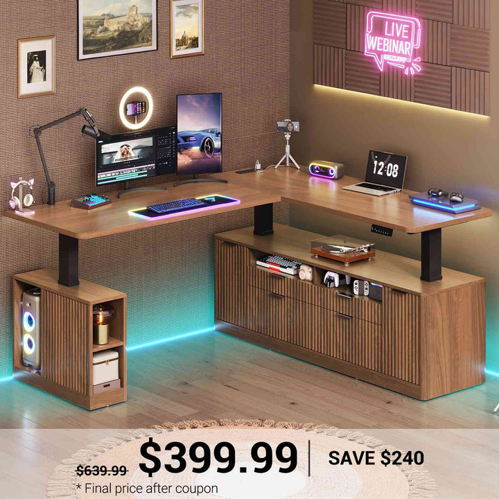 SEDETA | 69 Inch L Shaped Fluted Standing Desk Height Adjustable Electric Computer Executive Desks with Power Outlet 4 Drawers Storage Shelves