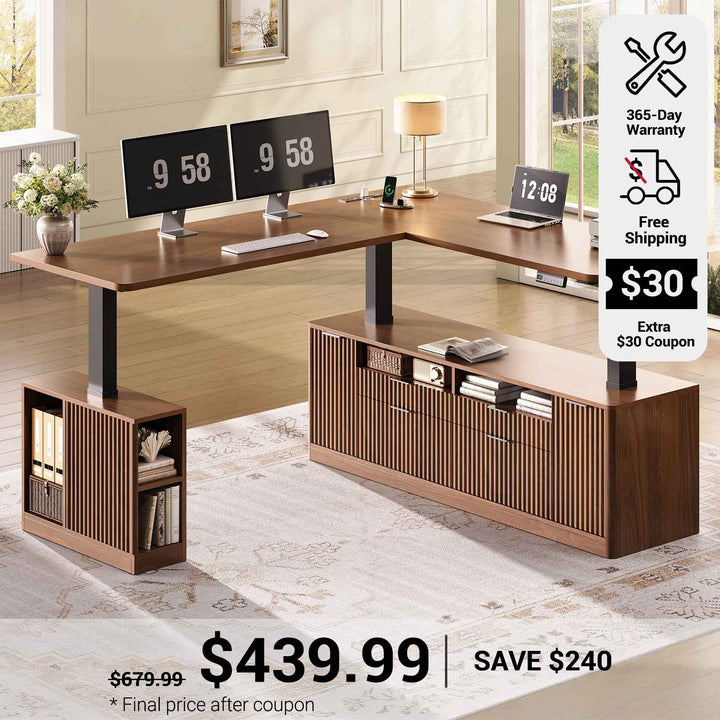 SEDETA 69 Inch L Shaped Electric Standing Desk Height Adjustable Home Office Executive Desk with 4 Drawers and Storage Shelves Fluted Computer Desks with Power Outlet