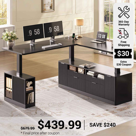 SEDETA 69 Inch L Shaped Electric Standing Desk Height Adjustable Home Office Executive Desk with 4 Drawers and Storage Shelves Fluted Computer Desks with Power Outlet