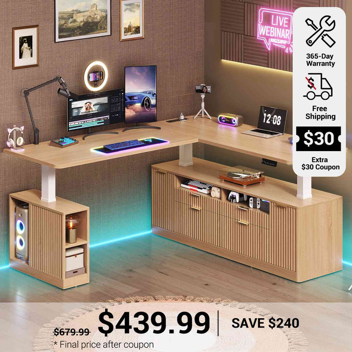 SEDETA 69 Inch L Shaped Electric Standing Desk Height Adjustable Home Office Executive Desk with 4 Drawers and Storage Shelves Fluted Computer Desks with Power Outlet