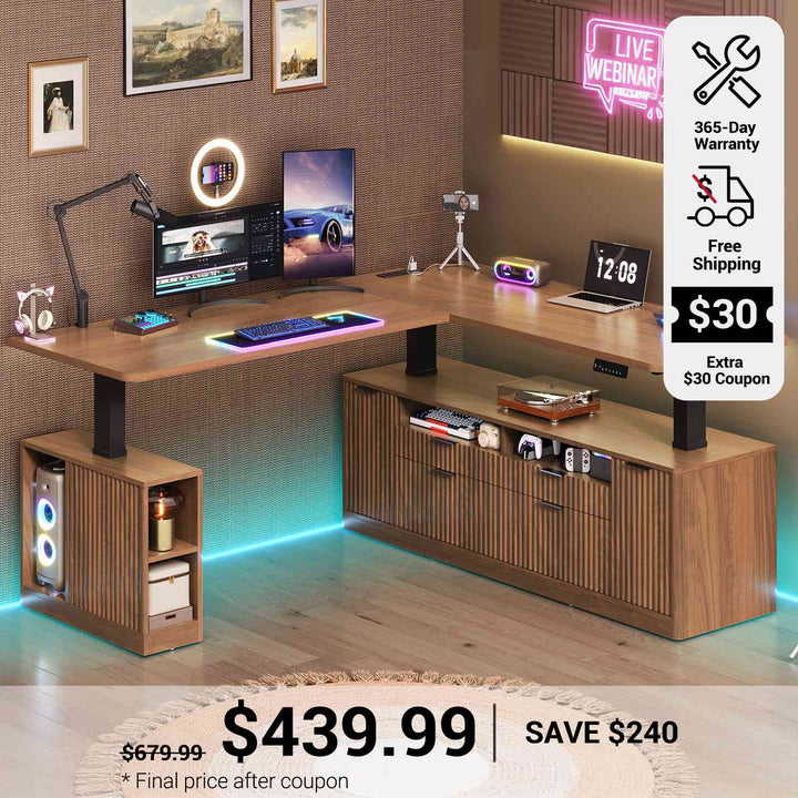 SEDETA 69 Inch L Shaped Electric Standing Desk Height Adjustable Home Office Executive Desk with 4 Drawers and Storage Shelves Fluted Computer Desks with Power Outlet